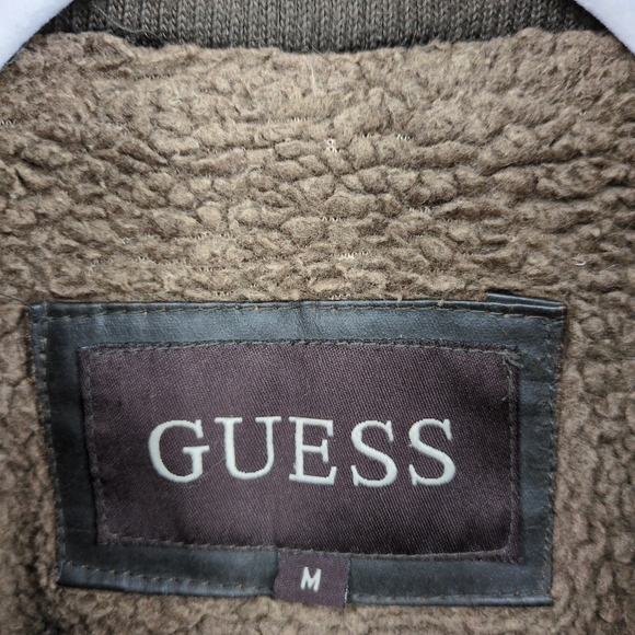 Guess Faux Leather Men's Medium Bomber Jacket Sherpa Lined Field Cargo Military‎ - Picture 6 of 14